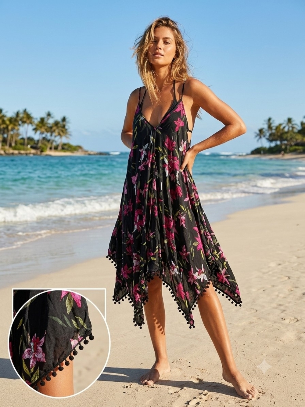 Japna Jone Beachwear Floral Maxi Dress Handkerchief Hem Black Pink Size L